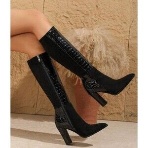 Faux Suede Alligator Color Block Black Knee High Block Heel Boots Size 43 US 10